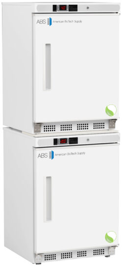 Two white laboratory refrigerators or freezers stacked vertically. Each unit features a digital temperature display, ventilation grilles at the bottom, and the American BioTech Supply logo on the doors. Both doors have a vertical handle on the left side.