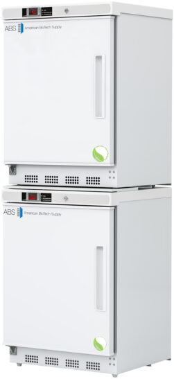 Two white, medical-grade refrigerators from American BioTech Supply are stacked vertically. Each has a digital temperature display, vented base, vertical handle, and a green circular leaf symbol on the lower right corner of the door.