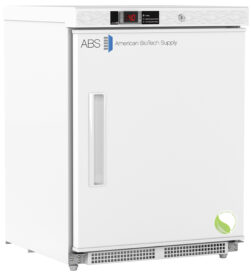 A white laboratory refrigerator labeled “ABS American BioTech Supply” with a digital temperature display showing 4°C, a vertical handle, a lock on the top right, and a green leaf symbol in the bottom right corner. The fridge stands on adjustable legs.