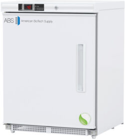 A white upright laboratory freezer with ABS American BioTech Supply and a green eco-friendly leaf logo on the door. It has a vertical handle, a vent at the bottom, and a digital temperature display showing -40 on the top left corner.