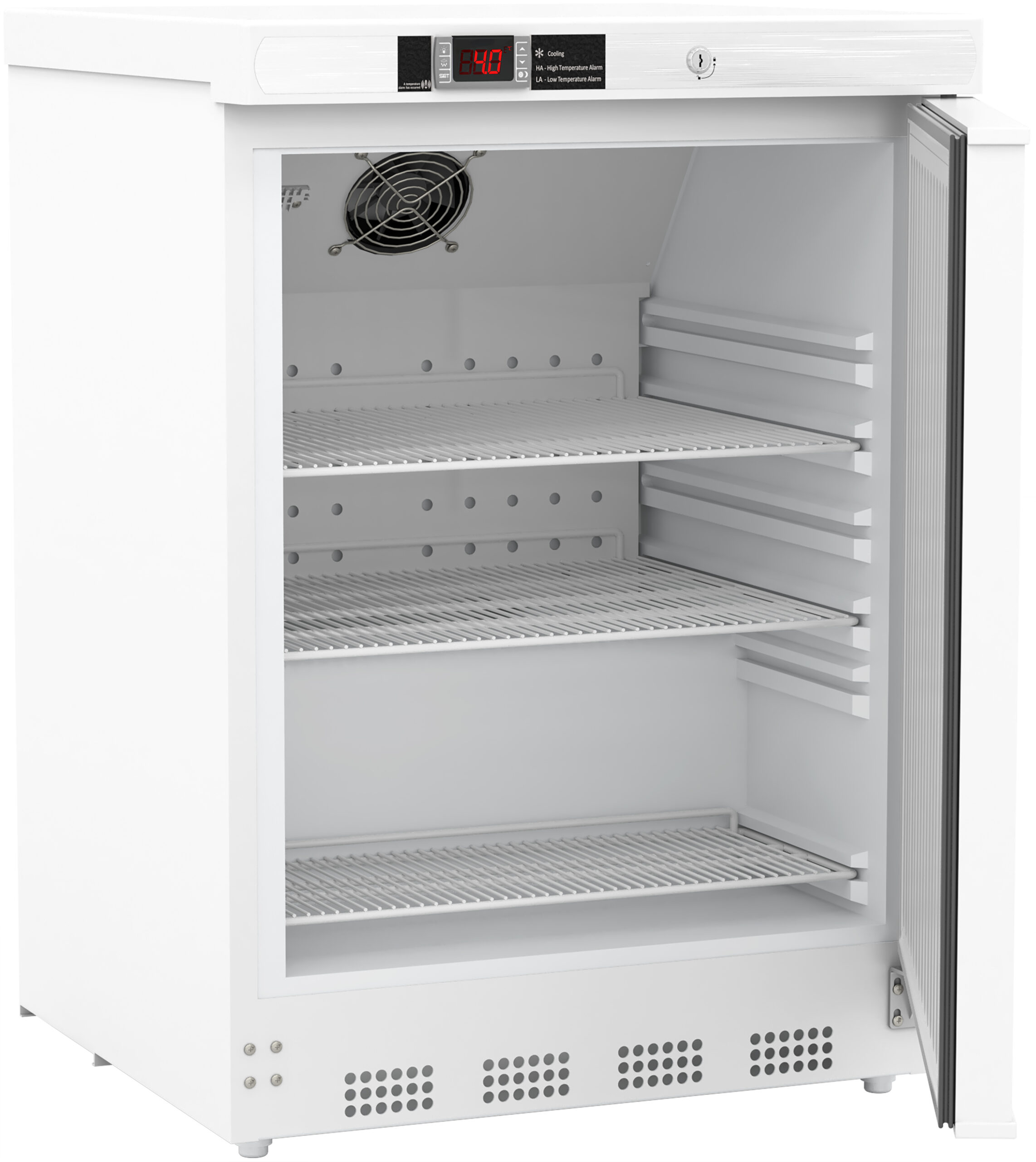A white undercounter refrigerator with a glass door is open, revealing three empty wire shelves inside. The control panel above displays a digital temperature of 4.9°C. A ventilation fan is mounted on the inner back wall. The unit is clean and well-lit.
