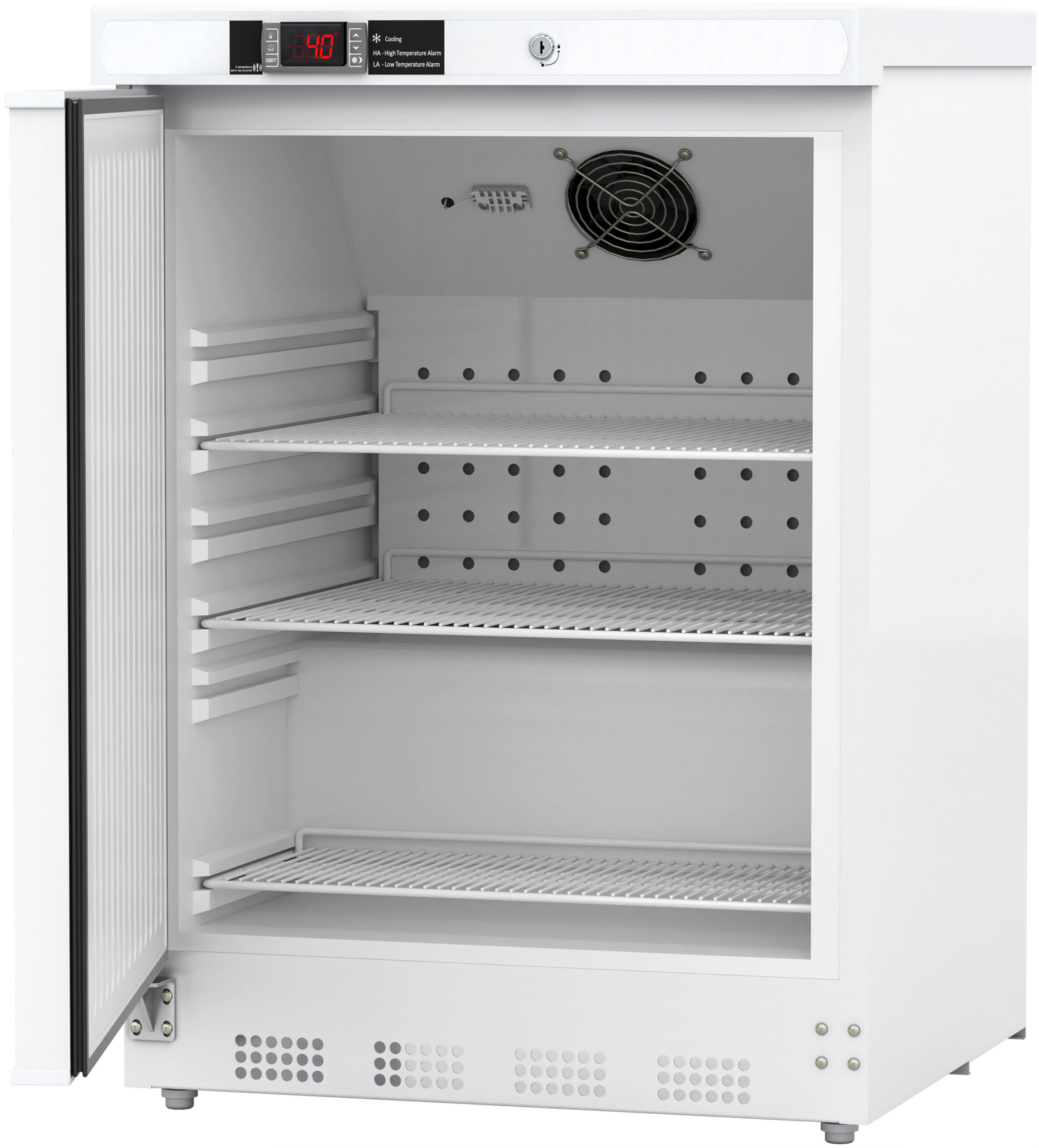 A white, upright laboratory refrigerator with an open glass door. The interior shows three adjustable wire shelves and a ventilation fan at the back. The digital control panel displays the temperature at 4.0°C. The fridge stands on small legs.