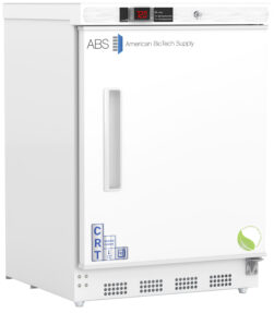 A white Undercounter Built-in controlled room temperature cabinet for clinical environments from American BioTech Supply ABS with a digital temperature display, handle on the left, lock on the top right, ventilation slots at the bottom, and blue “CRT” and eco-friendly logos on the front.