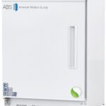 A white laboratory refrigerator with a digital temperature display and lock on top, labeled ABS American BioTech Supply. The door has a vertical handle and a green leaf logo. CRT and hazard symbol stickers are visible on the lower left front corner.