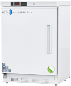 A 4.6 cu. ft. white laboratory controlled room temperature cabinet with a digital temperature display and lock on top, labeled ABS American BioTech Supply. The left hinged door has a vertical handle and a green leaf logo. CRT and hazard symbol stickers are visible on the lower left front corner.