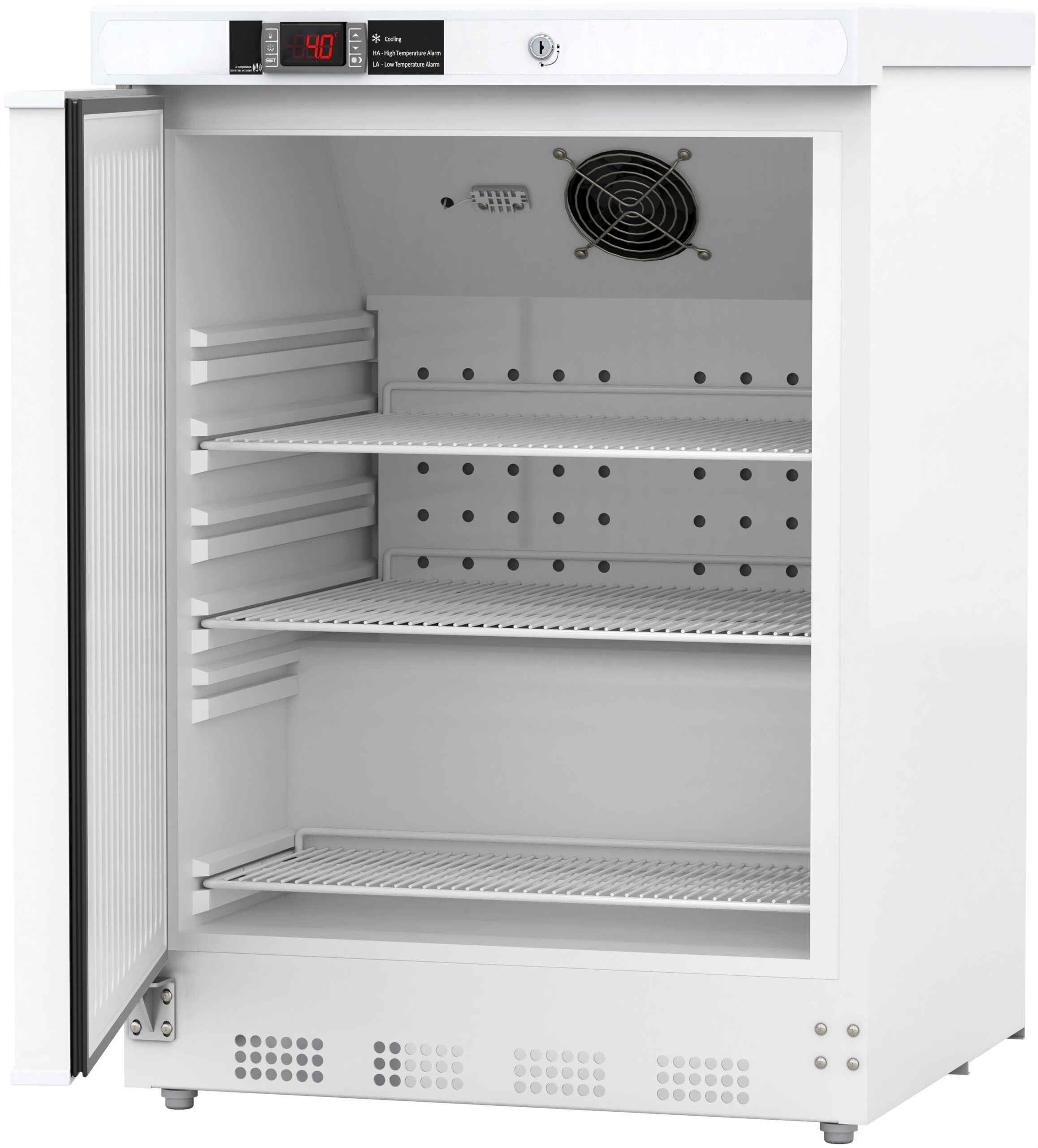 A white Undercounter Controlled Room Temperature Cabinet with a transparent door open to the left reveals three adjustable metal shelves inside. The control panel displays the temperature at the top right, and a ventilation fan is mounted on the back wall.