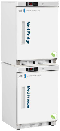 A white medical fridge stacked on top of a white medical freezer, both labeled with blue text. Each unit has a handle on the left and digital temperature displays. Both appliances have the American BioTech Supply logo and a green circular emblem.