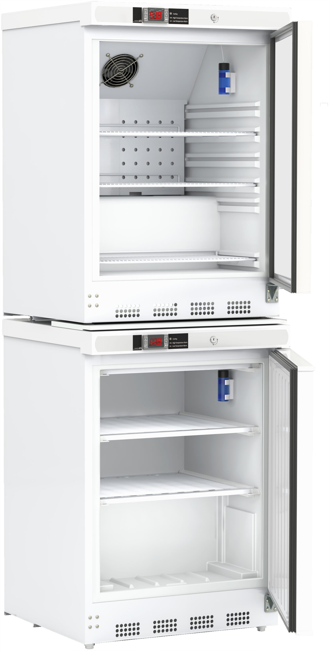 Two white, under-counter laboratory refrigerators with doors open. The top fridge contains shelves, a small fan on the back wall, and a blue-capped bottle inside. The bottom fridge is empty with three shelves. Both have digital control panels above the door.