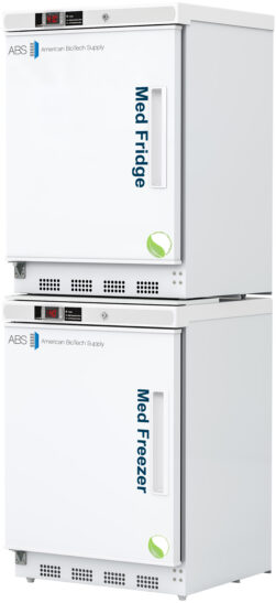 Two stacked white medical appliances: a “Medi Fridge” on top and a “Medi Freezer” below. Both units have handles on the right, digital controls, and vents at the bottom. “ABS American BioTech Supply” logos appear on the upper left of each door.