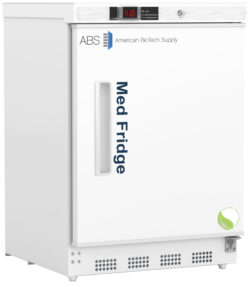 A white pharmacy undercounter refrigerator features Med Fridge in blue on the door and ABS American BioTech Supply above. A digital temperature display shows 4.1°C, with a green leaf logo on the lower right corner of the refrigerator.