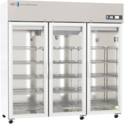 A large, commercial-grade, glass door refrigerator with three sections, each with metal shelves. The unit is on wheels and has a digital control panel on the top right. The brand American BioTech Supply is labeled on the upper left corner.