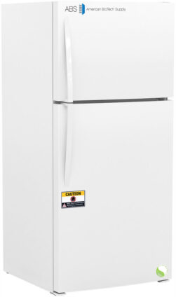 A white, two-door ABS American BioTech Supply refrigerator with a top freezer. A caution sticker is on the lower door. The unit is plain, rectangular, and features a green leaf symbol in the bottom right corner, suggesting energy efficiency.