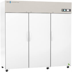 A large, three-door white laboratory refrigerator with a beige top panel, handles on each door, a digital control display on the upper right, and the ABS American Biotech Supply logo on the left. The unit is on small wheels.