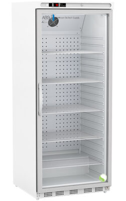 A tall, white, single-door laboratory refrigerator with a glass front. The fridge is empty, featuring seven metal wire shelves and a vented top panel with a digital display and control buttons. The interior walls have evenly spaced holes for shelf adjustment.