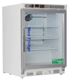 A white undercounter refrigerator with a clear glass door, labeled Med Fridge in blue. It features three adjustable shelves, a digital temperature readout on top, and green eco-friendly stickers on the bottom right corner of the door.