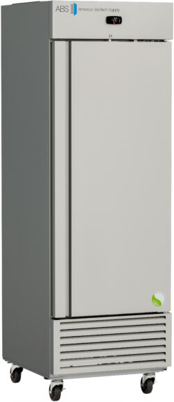 A tall, silver, single-door laboratory refrigerator by American BioTech Supply, shown on four wheels. The unit features a digital temperature display above the door and a vented lower front panel. The overall design is sleek and industrial.