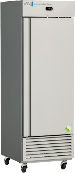 A tall, silver laboratory refrigerator on wheels with a single door, digital temperature display, and vents at the bottom. The top panel shows ABS American BioTech Supply branding. A green and white eco-friendly symbol appears near the lower right corner.