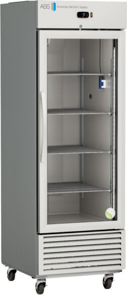 A tall, gray, single-door Glass Door Stainless Steel Laboratory Refrigerator by American BioTech Supply features four metal shelves, a temperature display, a monitoring device, and wheels. The interior is empty, and the left-side door handle accents its sleek design.