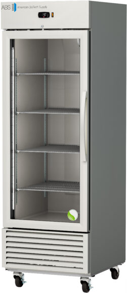 A tall, commercial Stainless Steel Laboratory Refrigerator with a glass front door, gray sides, and metal handle. It features four adjustable wire shelves, caster wheels, a vented bottom panel, and a digital display above the door.