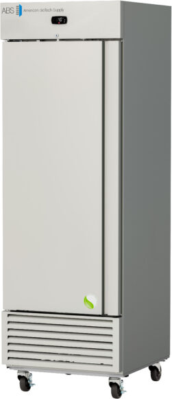 A tall, upright laboratory refrigerator with a single door, gray sides, ventilation grilles at the bottom, a digital temperature display on top, and four caster wheels. The ABS American BioTech Supply logo appears on the top left corner.