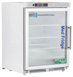 A white ADA compliant left hinged glass door pharmacy refrigerator 4.6 cu. ft., labeled Med Fridge in blue text. The digital display shows the temperature. Inside, there are empty shelves. Logos for American BioTech Supply and eco-friendly features are visible on the outside.