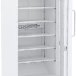 Door open, refrigerator, upright, showing shelves