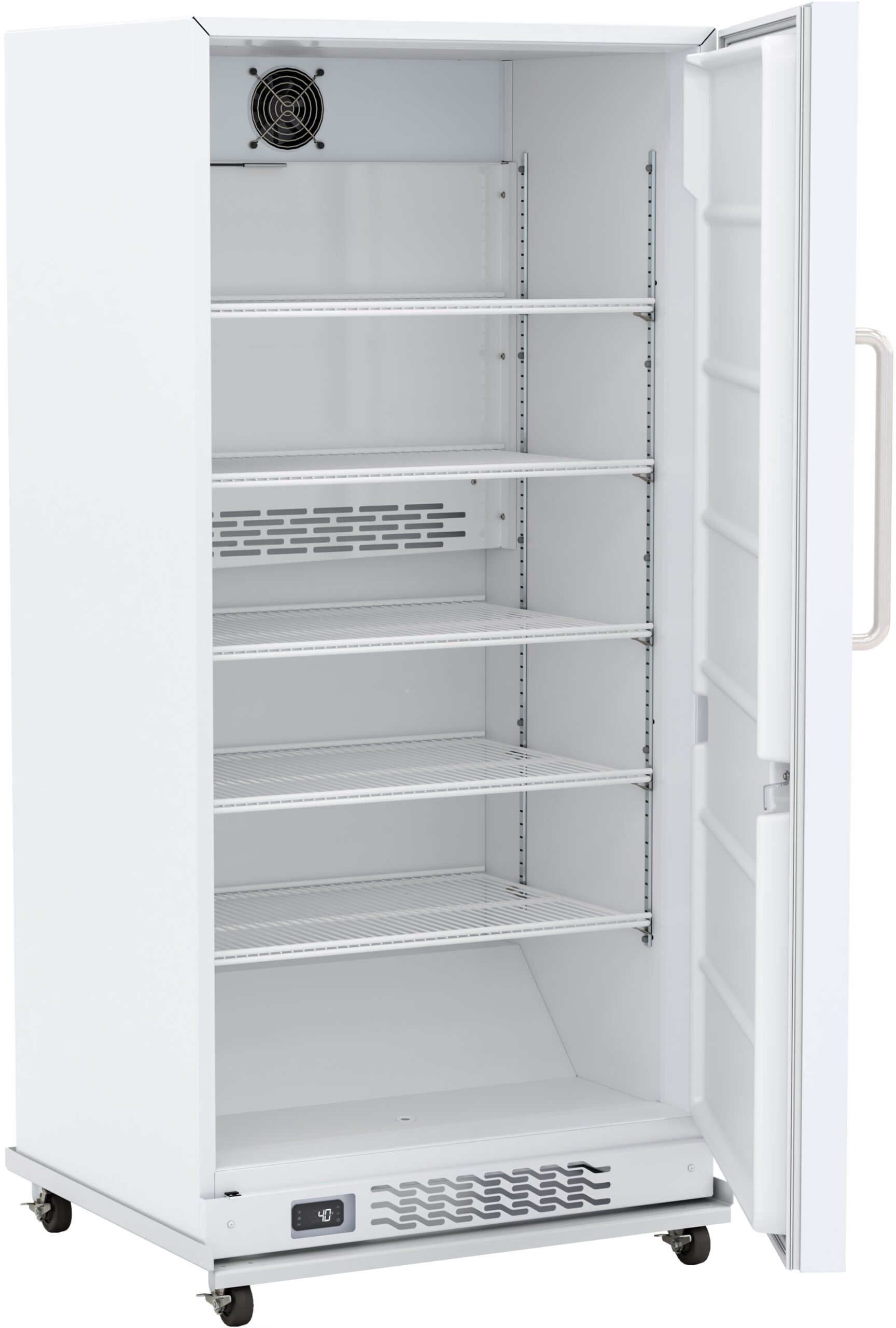 Door open, refrigerator, upright, showing shelves