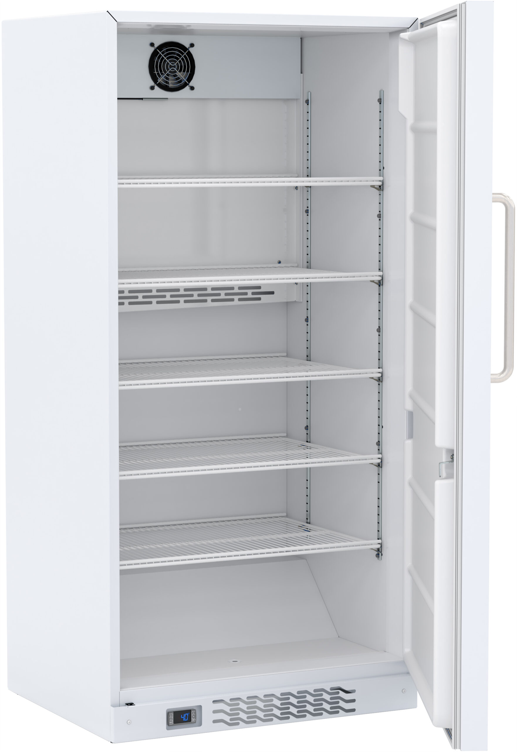 Upright hazardous location refrigerator, door open, shelves showing