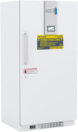 A tall, white laboratory freezer with a metal handle on the left. The upper section has a digital display reading 4.0, next to the ABS logo. Yellow warning labels indicate flammable material storage and fire risk. A vent and caution sticker are near the bottom.