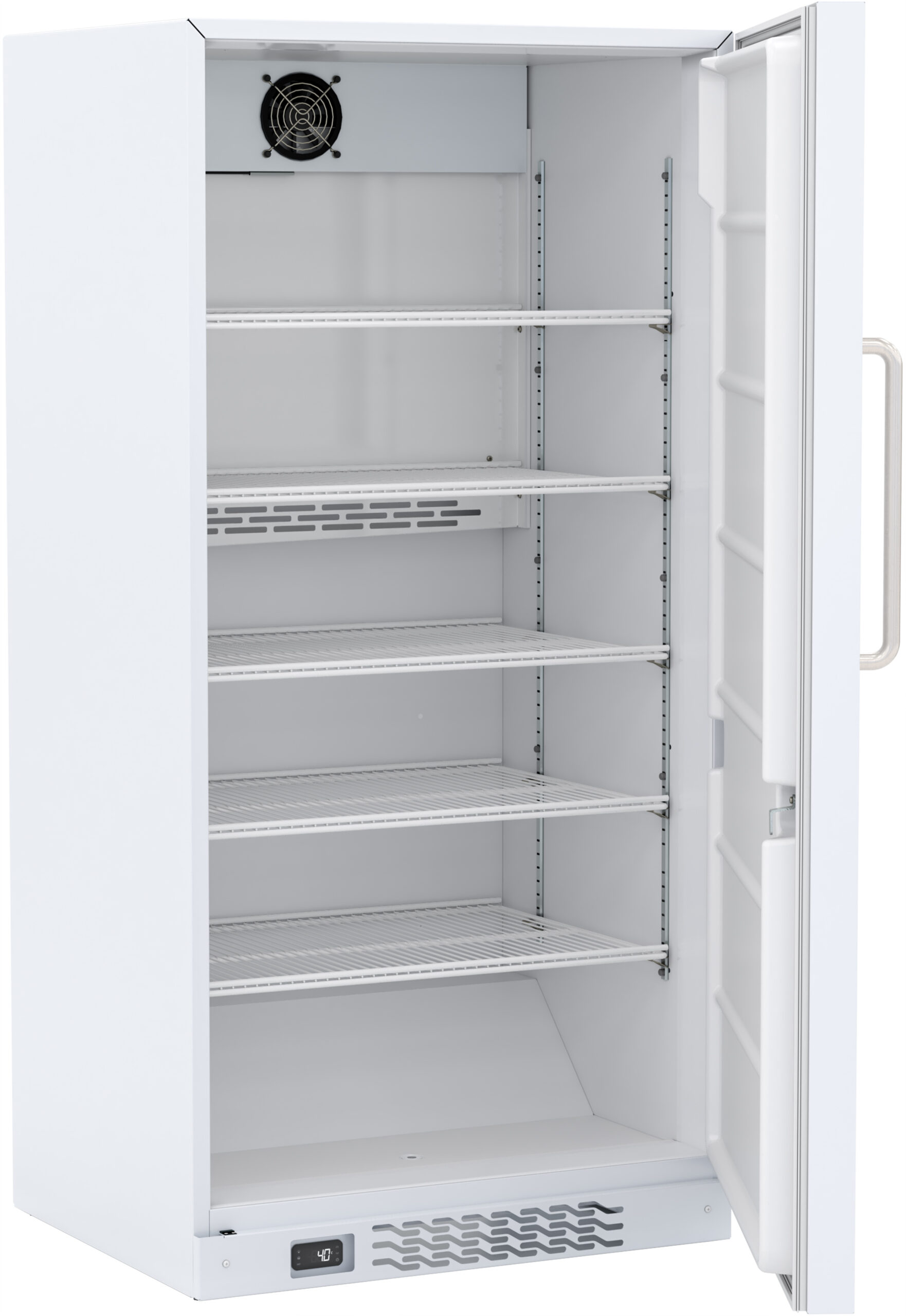 Displays five adjustable shelves and spacious 30 cu. ft. storage capacity