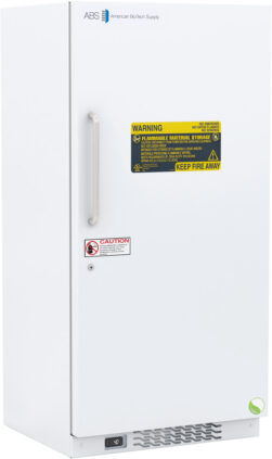 A white upright Standard Flammable Storage Refrigerator with a solid door, vertical left-side handle, and multiple warning labels, including yellow and red signs. Features a vent at the bottom and the American BioTech Supply logo at the top.