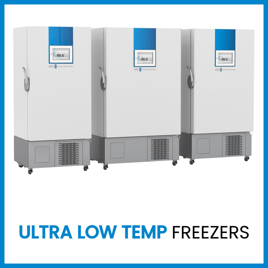 Three tall, white ultra low temperature freezers with gray bases and handles stand side by side. Each has a digital display showing -86.6°C. The image has a blue border and bold text below reads ULTRA LOW TEMP FREEZERS.