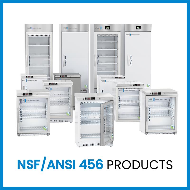 A group of eleven medical refrigerators and freezers of various sizes are arranged together. They are white, some with glass doors showing empty shelves inside. Below the units, text reads “NSF/ANSI 456 PRODUCTS” in blue and black.