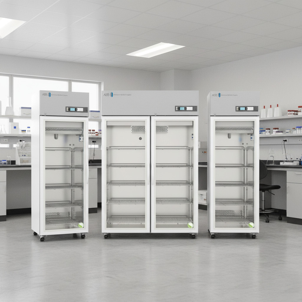 Three tall, white Premium Lab Glass Door Refrigerators stand side by side in a modern lab. The shelves inside are empty, while clean counters, various bottles, and equipment are visible in the brightly lit background.