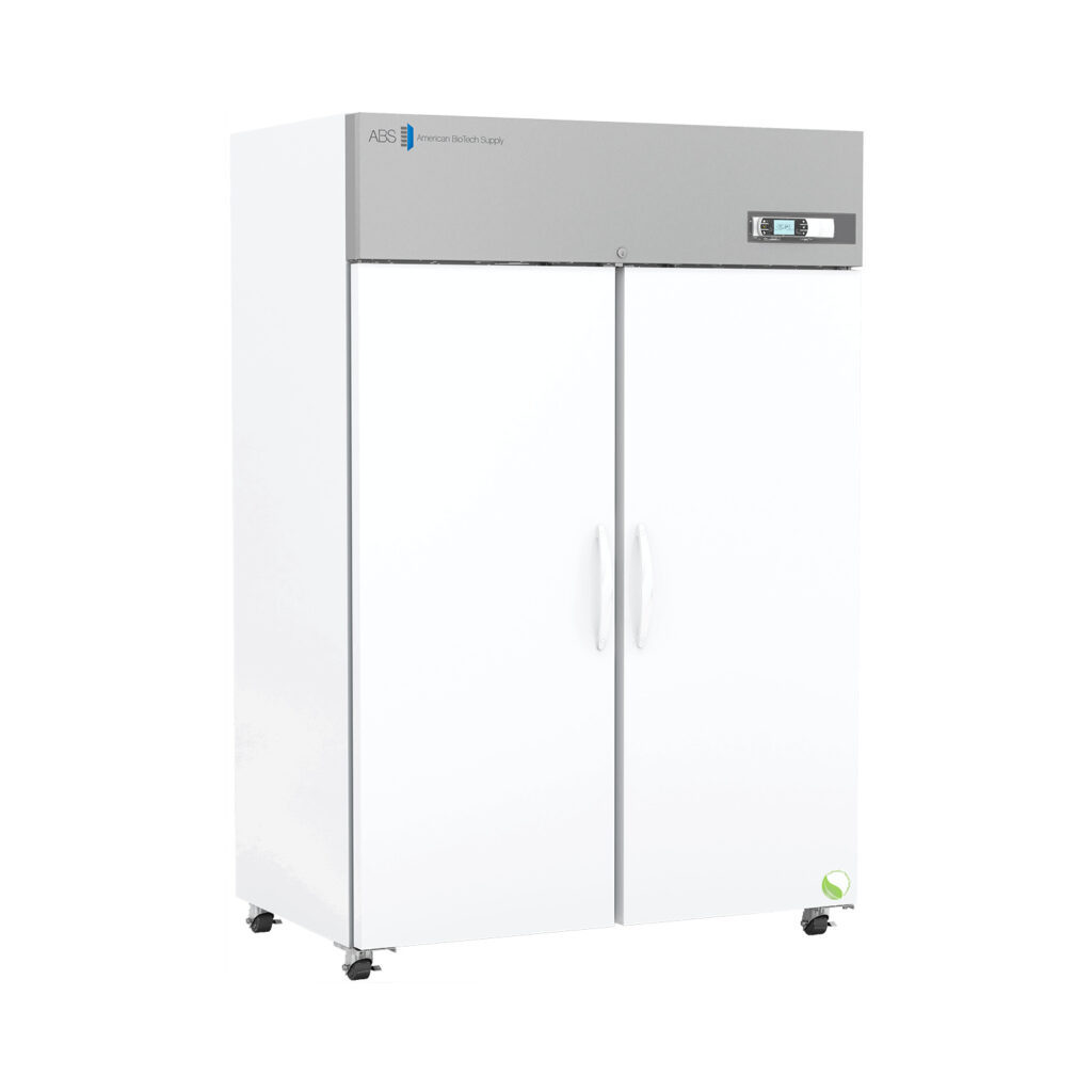 A large, white, double-door laboratory refrigerator stands on four wheels. The top panel is gray with a digital display and control buttons on the right. Two vertical handles are centered on the doors, and a small green logo appears on the bottom right corner.