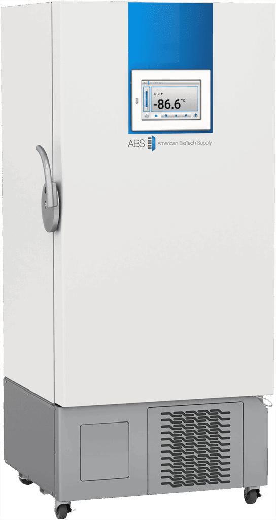A tall, white laboratory freezer with a blue accent and digital display showing -86.6°C. The unit has a silver handle, vents at the bottom, wheels, and is branded ABS American BioTech Supply.