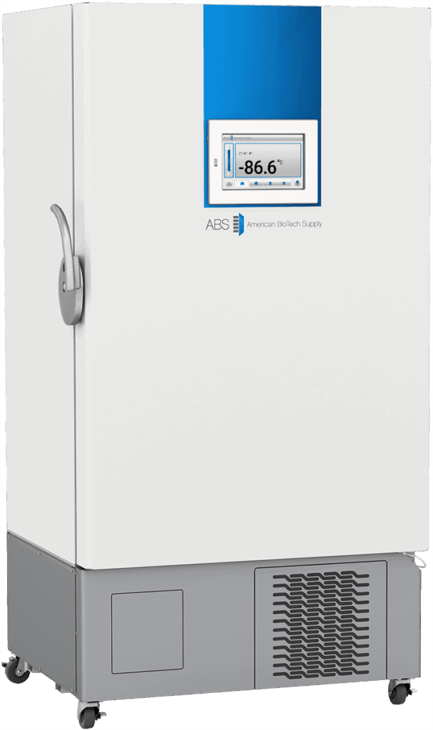 A white laboratory freezer with a digital display reading -86.6°C. The unit is upright with a vertical handle on the left, vents at the bottom, and wheels for mobility. ABS American Biotech Supply logo appears below the display.