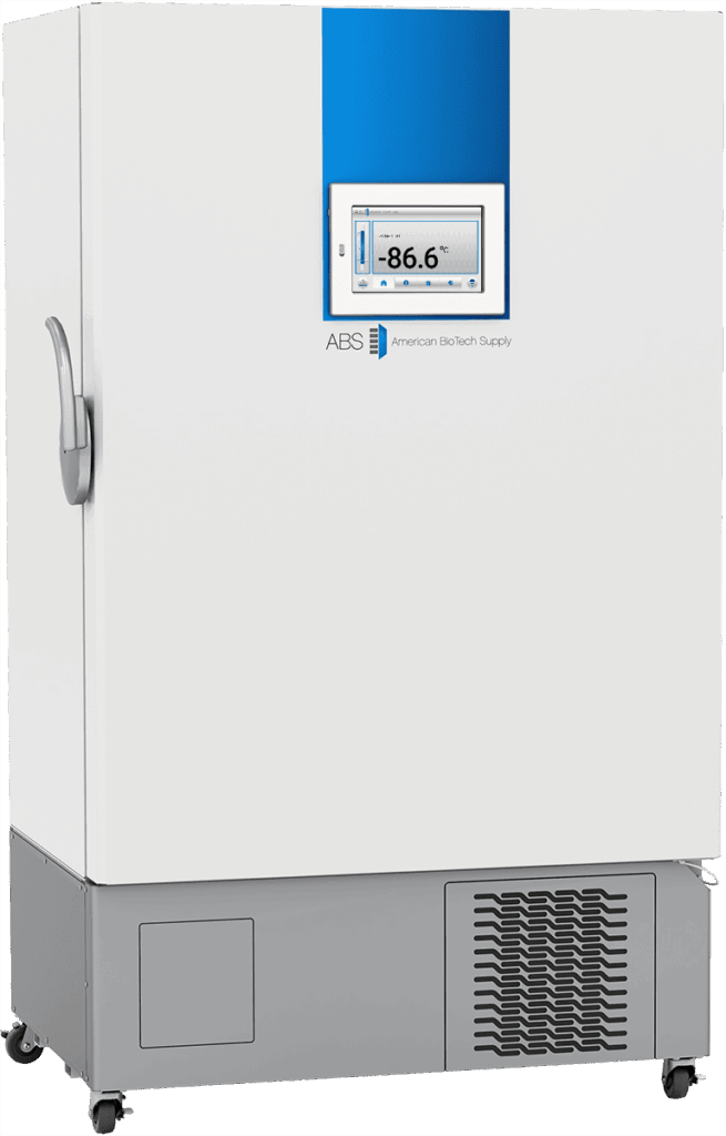 A white, upright laboratory freezer with a gray base and side handle. A digital display on the front shows a temperature of -86.6°C. The unit is labeled “ABS American BioTech Supply” with blue accents. Vents and a panel are visible on the lower front.