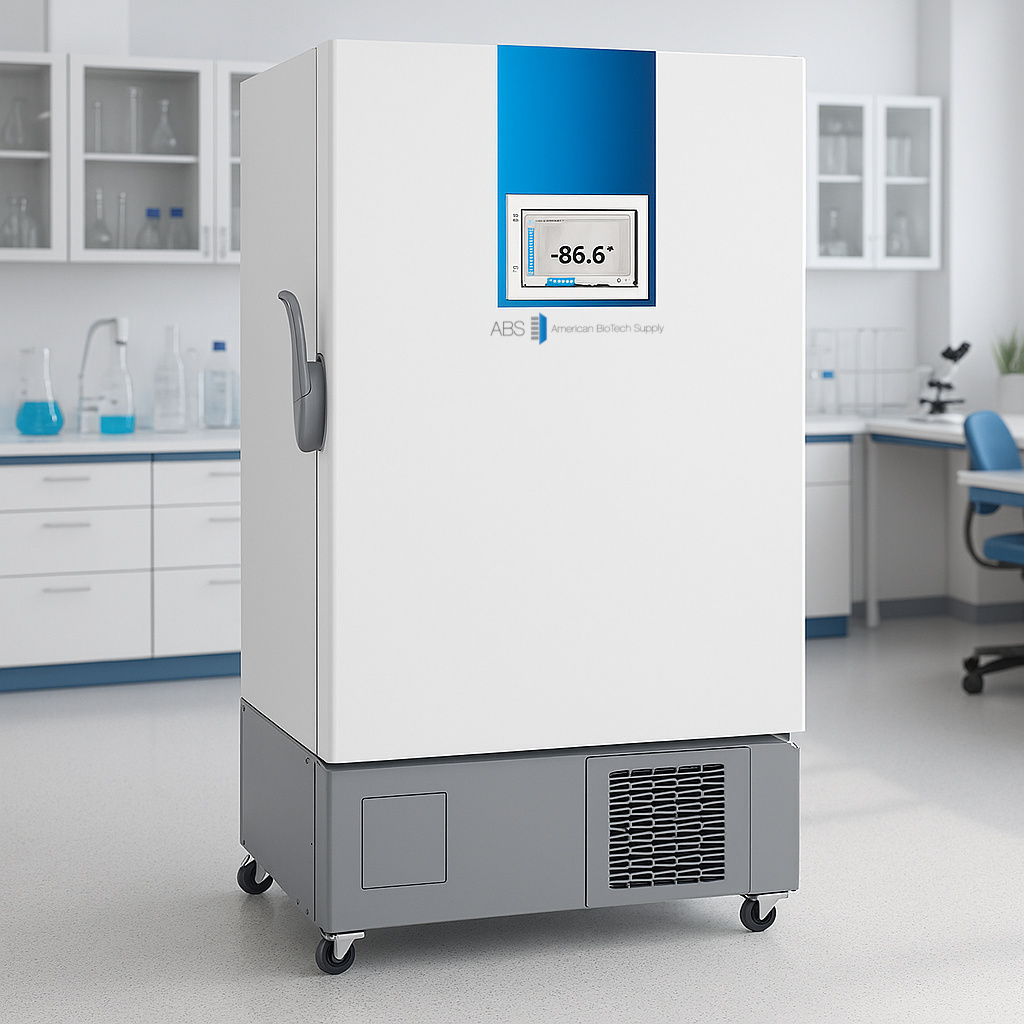 A white and blue ultra low temperature freezer in a laboratory