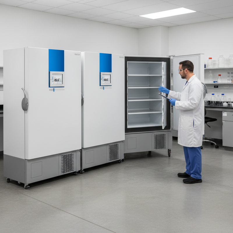 A white and blue ultra low temperature freezer in a laboratory