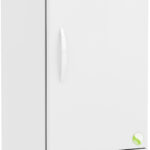 A tall, white laboratory freezer on wheels with a solid door, a curved handle, digital temperature display at the top, ventilation grille at the bottom, and green eco-friendly label on the lower right corner. The brand ABS is displayed at the top left.