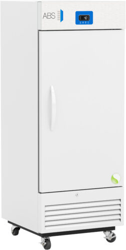 A tall, white laboratory freezer on wheels with a solid door, a curved handle, digital temperature display at the top, ventilation grille at the bottom, and green eco-friendly label on the lower right corner. The brand ABS is displayed at the top left.