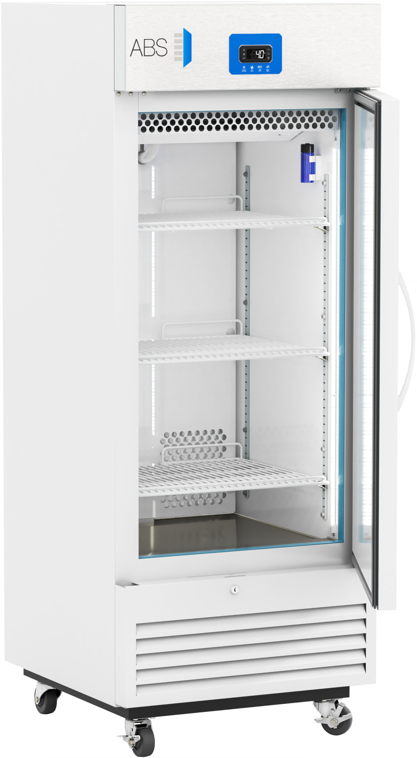 A white, upright laboratory refrigerator with a glass door is shown open. It has three adjustable wire shelves inside, a digital temperature display above the door, and is mounted on four caster wheels for mobility. The interior is brightly lit.