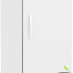 A tall, white laboratory refrigerator with a digital control panel displaying 4.0°C, a single vertical handle on the front, ventilation grilles at the bottom, brand label “ABS” on top, and four wheels for mobility.