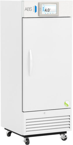 A tall, white laboratory refrigerator with a digital control panel displaying 4.0°C, a single vertical handle on the front, ventilation grilles at the bottom, brand label “ABS” on top, and four wheels for mobility.
