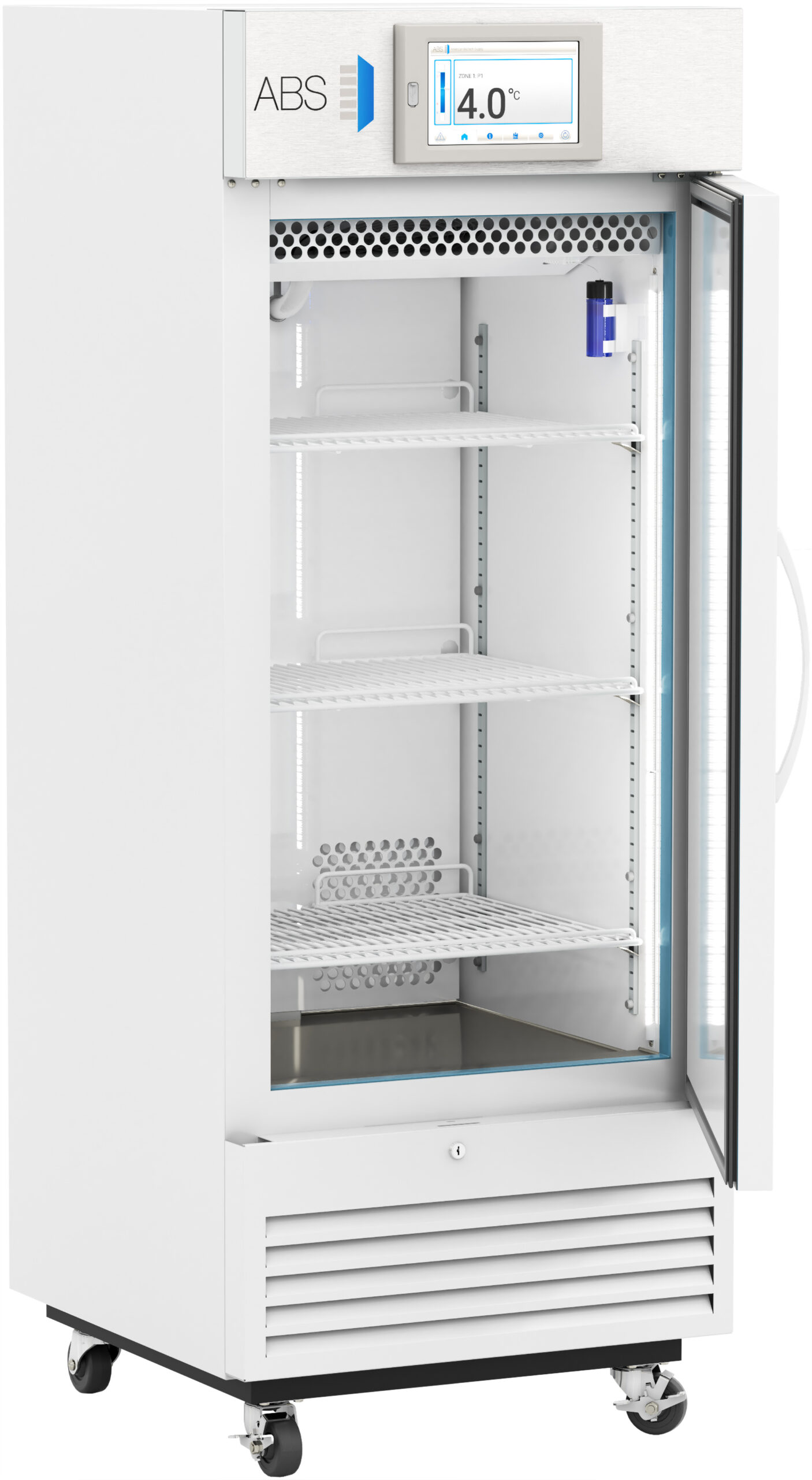 A tall, white medical refrigerator with a transparent glass door is open, revealing three empty wire shelves inside. The digital display on top shows a temperature of 4.0°C. The unit is on wheels and labeled “ABS” in the upper left corner.