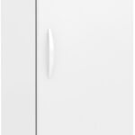 A tall, white laboratory refrigerator with a digital temperature display at the top, a vertical handle on the front door, ventilation grill at the bottom, small wheels for mobility, and the ABS logo near the top left corner.