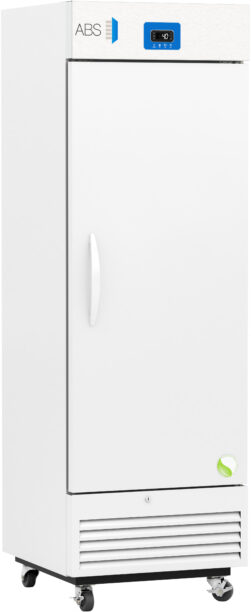 A tall, white laboratory refrigerator with a digital temperature display at the top, a vertical handle on the front door, ventilation grill at the bottom, small wheels for mobility, and the ABS logo near the top left corner.