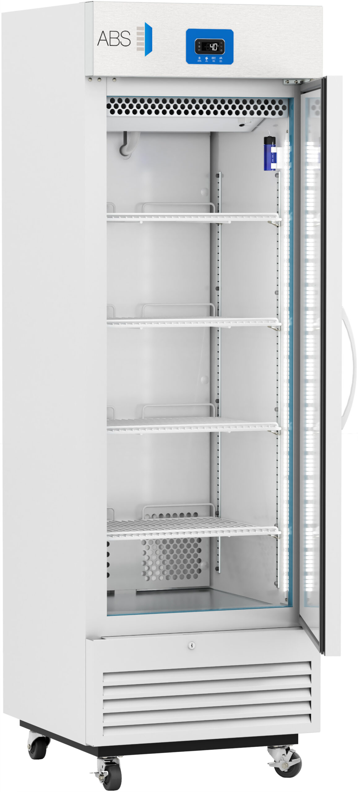 A tall, white, upright medical refrigerator with a glass door partly open, revealing five empty metal shelves inside. The unit has a digital temperature display at the top, vents at the bottom, and is mounted on four caster wheels for mobility.