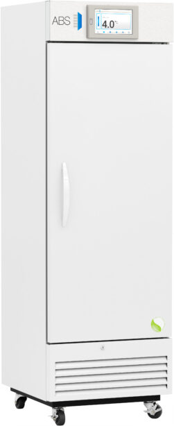 A tall, white laboratory refrigerator with a single door, digital temperature display reading 4.0°C, a vertical handle, and vents at the bottom. The unit is on four casters for mobility and has a green leaf symbol near the lower right corner.